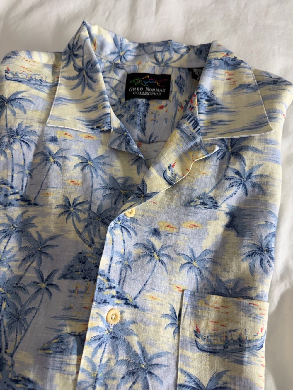 Greg Norman Collection Linen Light Blue Palm-Print Short-Sleeve Button Shirt Med